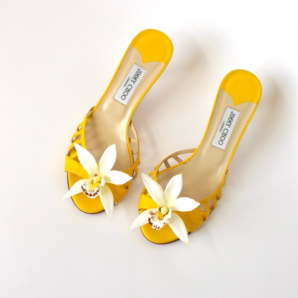 Reworked Upcycled Jimmy Choo Yellow Orchid Heels